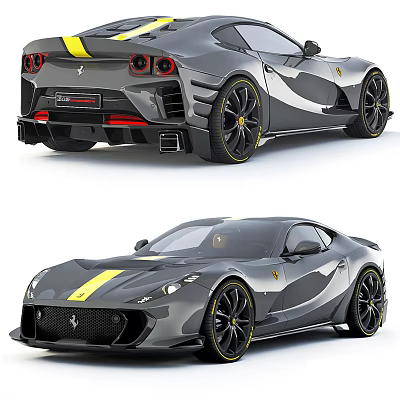Gray Sports Car With Yellow Stripe Front And Rear Views 3d model