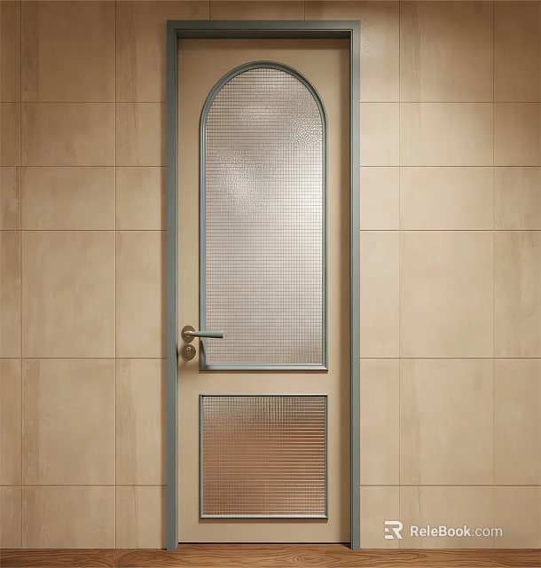 Sleek Swing Door Featuring Textured Glass Blue Frame And Gold Handle On Beige Tiled Wall 3d model 