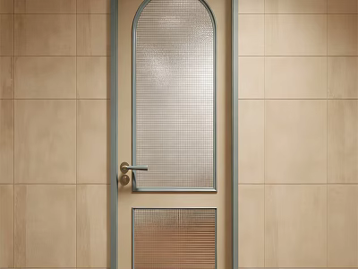 Sleek Swing Door Featuring Textured Glass Blue Frame And Gold Handle On Beige Tiled Wall 3d model