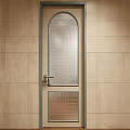 Sleek Swing Door Featuring Textured Glass Blue Frame And Gold Handle On Beige Tiled Wall