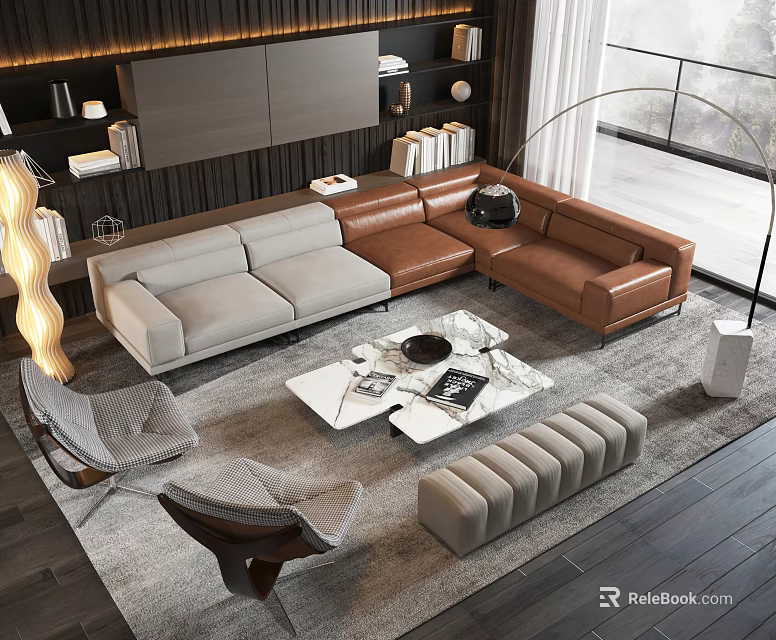 Modern Sofa Coffee Table Set With Gray Brown Seats White Top Floor Lamp And Bookshelf 3d model 