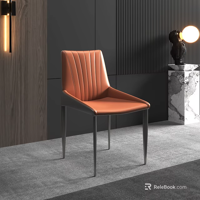 Sleek Orange Leather Dining Chair with Modern Metal Legs and Dark Wall Design 3d model 