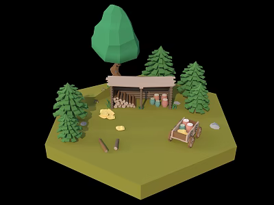Cartoon Scene With Green Trees Small Cabin Woodpile Cart And Colorful Buckets On Green Platform 3d model