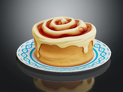 Fresh Cinnamon Roll With Dripping Cream Frosting On Blue Patterned Plate 3d model