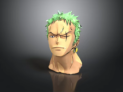 Anime Character Head Sculpture With Green Spiky Hair Facial Scar And Serious Expression 3d model