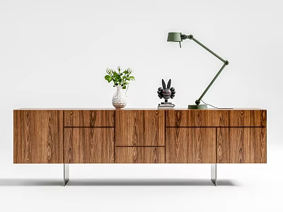 Modern Wooden TV Stand With Green Table Lamp Plant Rabbit Decor And Metal Legs 3d model