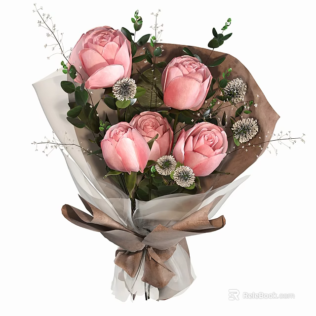 Pink Roses Bouquet With Green Leaves White Small Flowers Brown Paper Wrapping And Brown Ribbon 3d model 