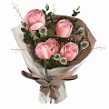 Pink Roses Bouquet With Green Leaves White Small Flowers Brown Paper Wrapping And Brown Ribbon