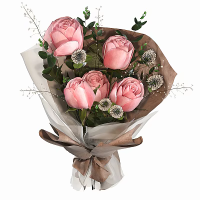 Pink Roses Bouquet With Green Leaves White Small Flowers Brown Paper Wrapping And Brown Ribbon 3d model