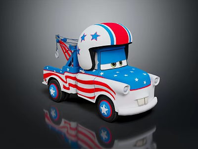 Cartoon Tow Truck Character Red White Blue Star Stripe Design With Anthropomorphic Eyes And Helmet 3d model