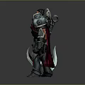 Fierce Game Movie Character in Spiked Metal Armor with Red Cape and Giant Sword
