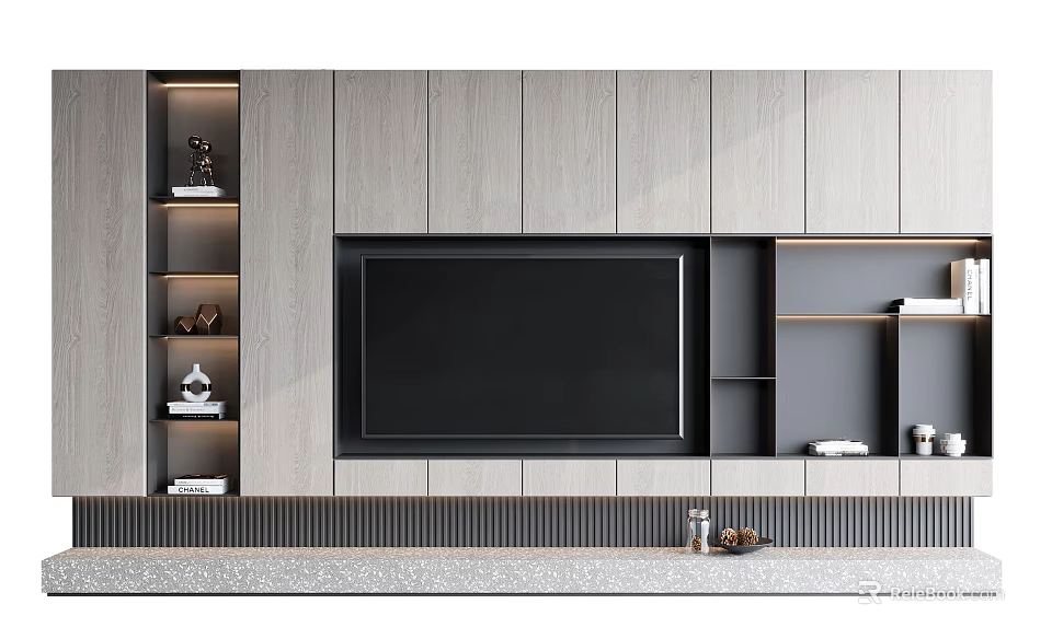 Modern Minimalist TV Background Wall With Gray Panels Built-in TV And Lit Shelves 3d model 