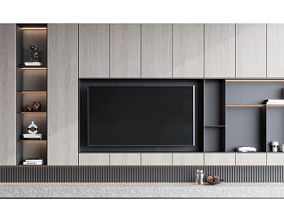 Modern Minimalist TV Background Wall With Gray Panels Built-in TV And Lit Shelves 3d model