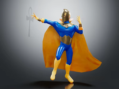 Dynamic Superhero Character in Blue Costume With Golden Helmet And Yellow Cape Spreading Arms 3d model
