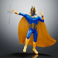 Dynamic Superhero Character in Blue Costume With Golden Helmet And Yellow Cape Spreading Arms