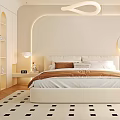 Modern Bedroom Interior with Arch Design Round Mirror Cozy Bed and Black White Dot Rug