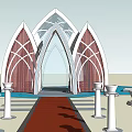Sacred Religious Architecture With Gothic Spire Archway Red Carpet And Glass Roof