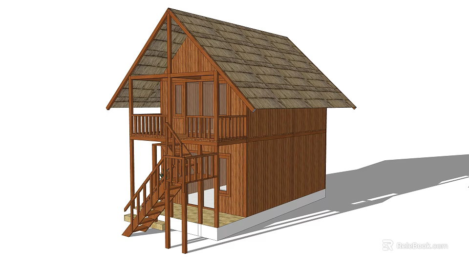 Wooden House Exterior Design With Sloped Roof Balcony And Staircase 3d model 
