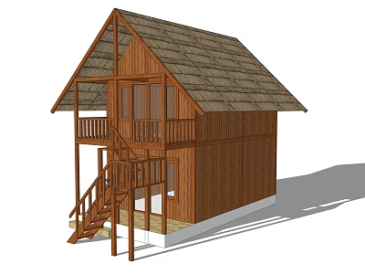 Wooden House Exterior Design With Sloped Roof Balcony And Staircase 3d model