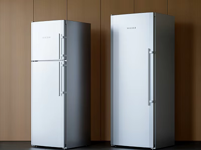 Modern White Refrigerators with Sleek Design Standing Against Wooden Wall 3d model