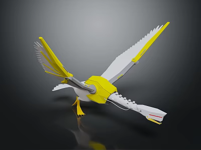 Yellow and White Paper Crafted Bird With Spread Wings on Reflective Surface 3d model
