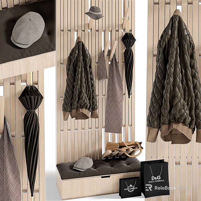 Dark Green Quilted Jacket Hanging On Wooden Peg Rail With Umbrella Hat Bench And Bag 3d model 