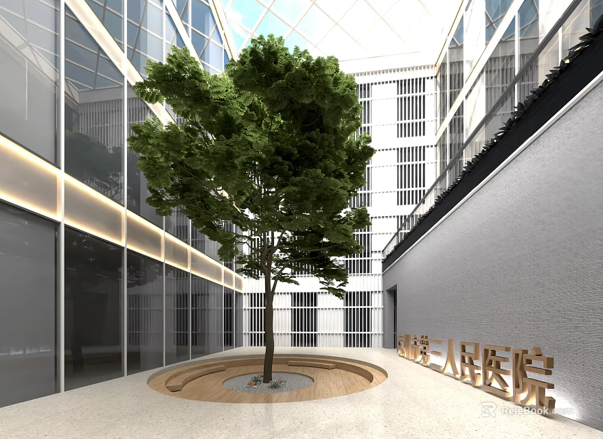 Modern Garden Landscape With Large Tree In Center And Circular Pavement Surrounded By Glass Buildings 3d model 