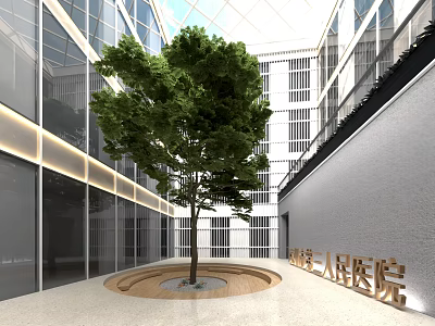 Modern Garden Landscape With Large Tree In Center And Circular Pavement Surrounded By Glass Buildings 3d model