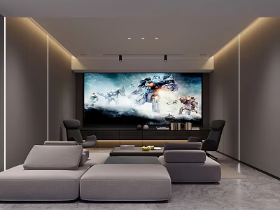 Modern Home Theater Room With Comfortable Sofa And Large Movie Screen 3d model