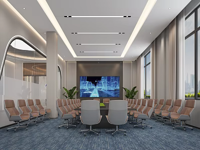 Modern Conference Room Interior With Large Screen Green Plants And Leather Chairs 3d model