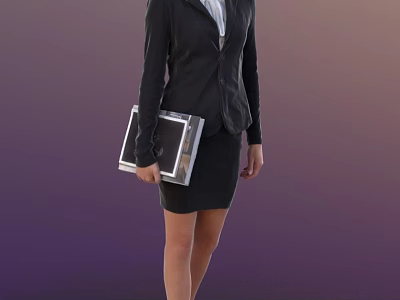Professional Woman in Black Suit Holding Silver Folder on Gradient Purple Background 3d model