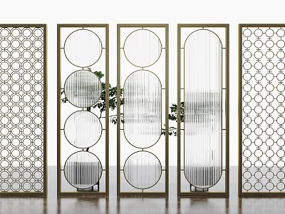 Modern Decorative Partition Screens With Metal Frame Circular Patterns And Green Plants 3d model