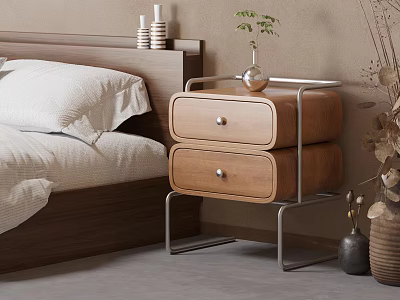 Modern Wooden Nightstand With Two Drawers Metal Frame Decorative Vase Plant And Candles 3d model