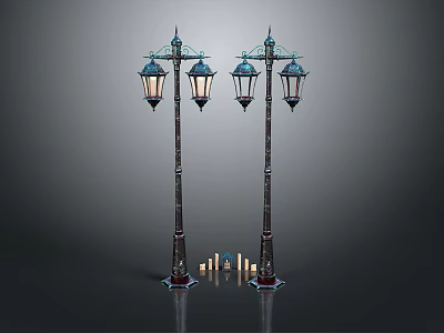 Vintage Style Street Lamps With Decorative Posts Four Lamp Shades And Base Candle Lights 3d model