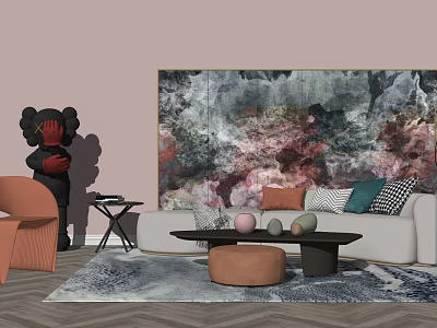 Modern Sofa Coffee Table Set With Abstract Painting Pink Wall Throw Pillows and Orange Chair 3d model