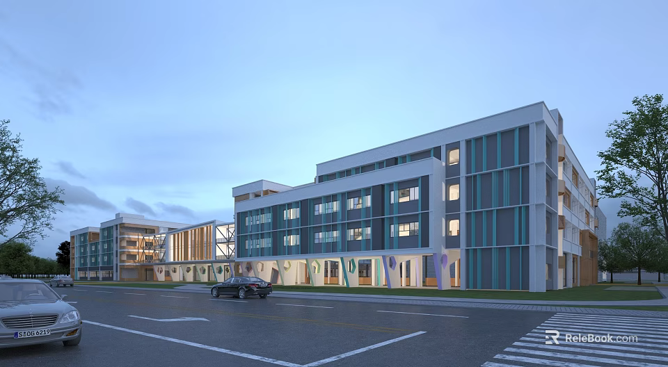 Modern School Building With Multiple Floors Large Glass Windows Teal Stripes And Parking Lot 3d model 