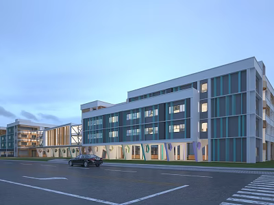 Modern School Building With Multiple Floors Large Glass Windows Teal Stripes And Parking Lot 3d model