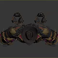 Warrior Character With Horned Creature Features In Red Gold Armored Attire And Dual Weapons