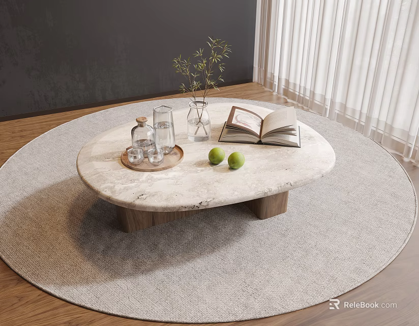 Round Marble Coffee Table with Wooden Base Open Book Limes and Vase on Gray Rug 3d model 