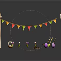 Festive Scene Decor Components With Wooden Poles Colorful Bunting Flags Flower Bunches And Balloon Strings