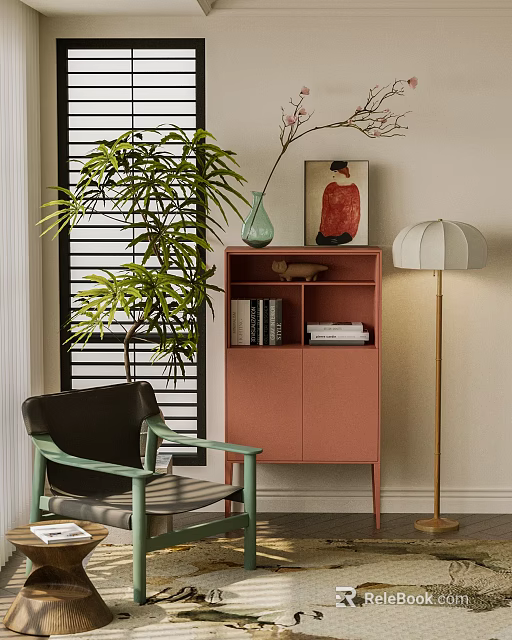 Pink Entryway Side Cabinet With Green Chair Plant And Floor Lamp 3d model 