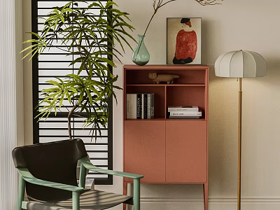 Pink Entryway Side Cabinet With Green Chair Plant And Floor Lamp 3d model