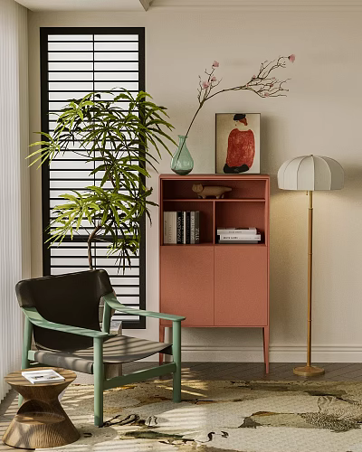 Pink Entryway Side Cabinet With Green Chair Plant And Floor Lamp 3d model