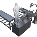 Automated Industrial Production Line With Metal Frames Trays And Human Operator