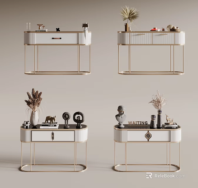 Modern White Console Tables with Gold Metal Frames and Decorative Items 3d model