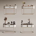 Modern White Console Tables with Gold Metal Frames and Decorative Items 3d model