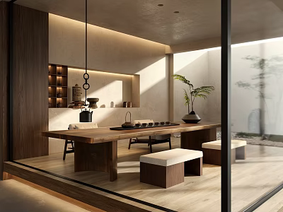 Modern Tea Room Interior With Open Design Wooden Table Stone Stools And Natural Light 3d model