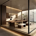 Modern Tea Room Interior With Open Design Wooden Table Stone Stools And Natural Light