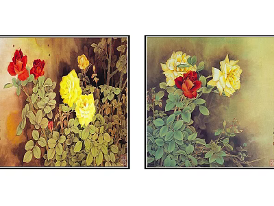 Plant Paintings Featuring Red And Yellow Roses With Green Leaves 3d model
