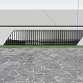 Modern Feature Wall With Gray Concrete Black Vertical Grilles Green Trees Grass Stone Pavement